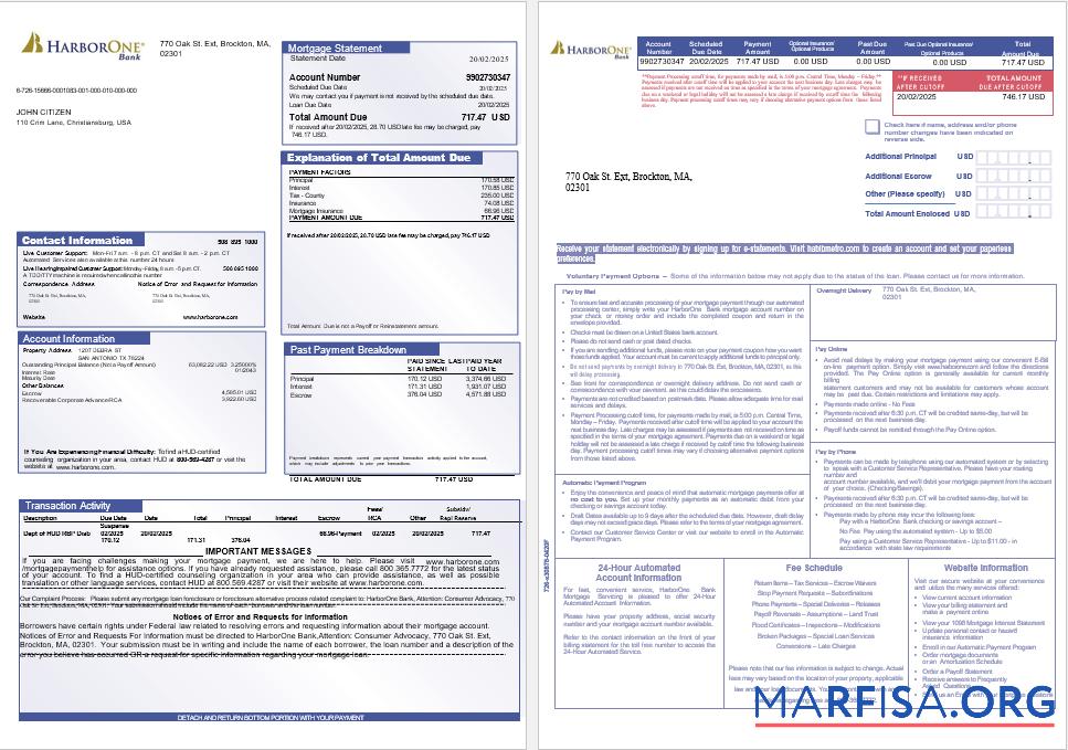 Blank USA HarborOne Bank mortgage statement in Word and PDF formats, 3 pages 1 2 template